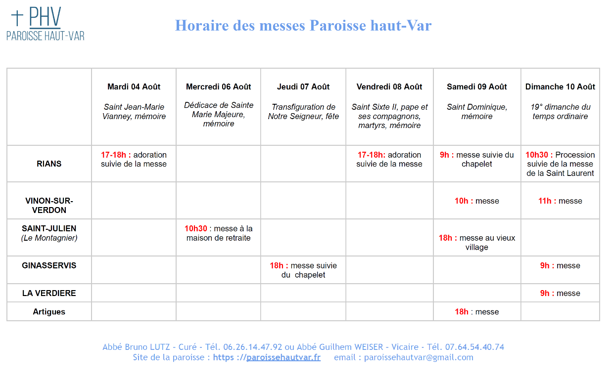 horaires messes