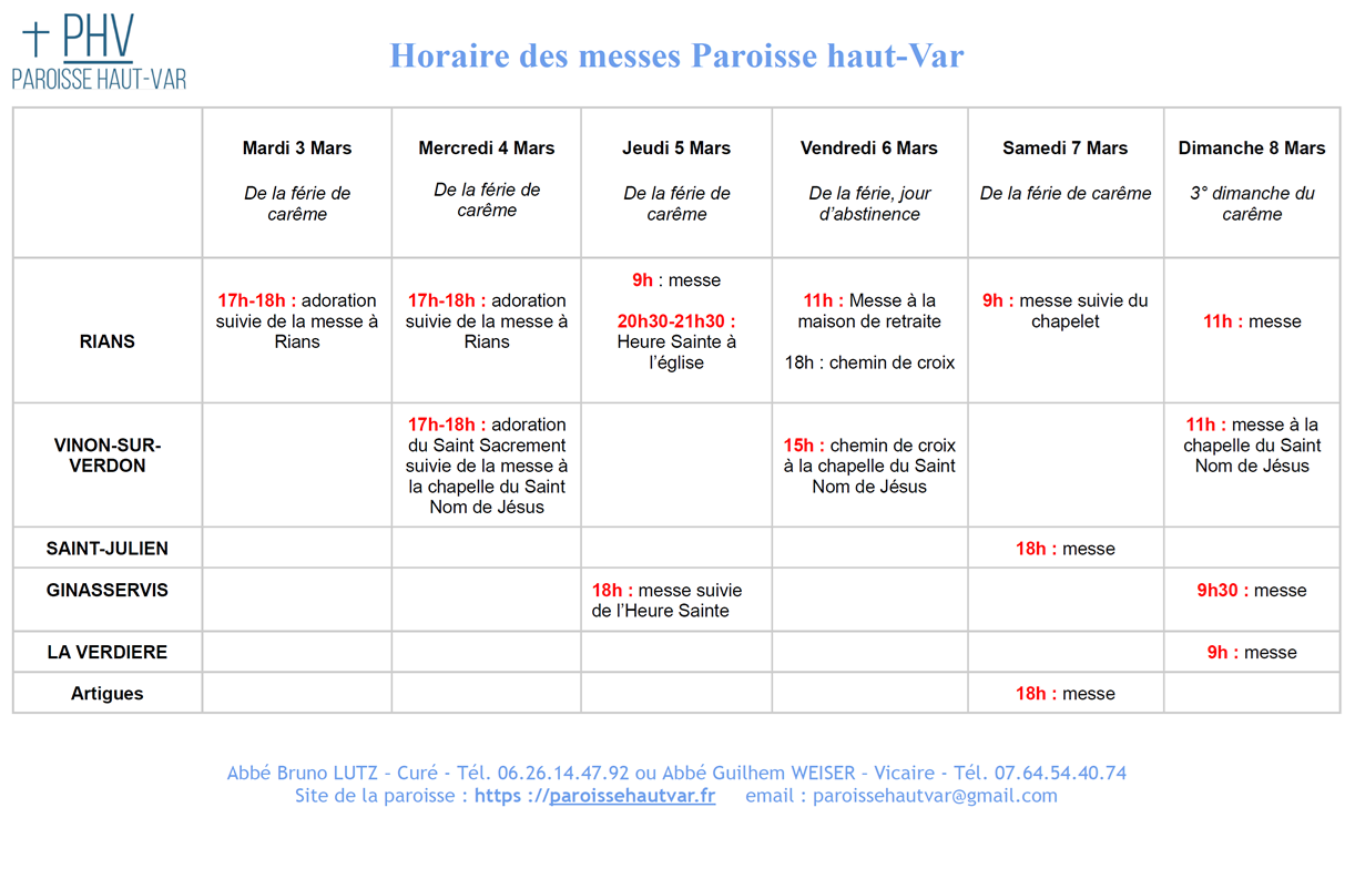 Horaires des messes du 3 au 8 Mars